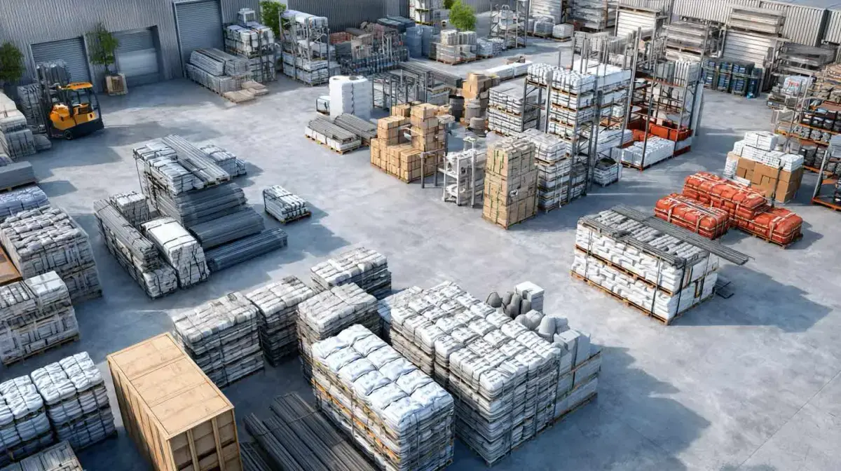 Building materials placed at a construction site with HIAB unloading coordinated by QFM